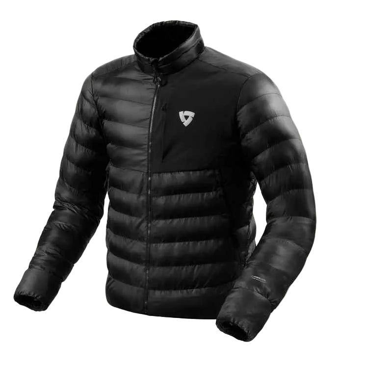 Black puffer jacket with a brand logo on a light gray background