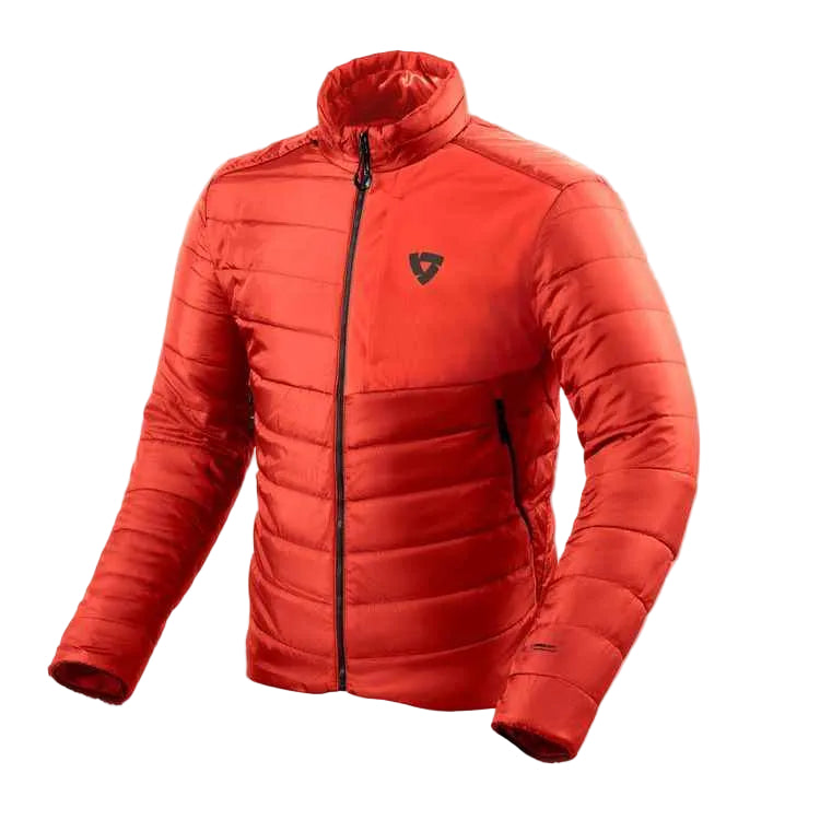 A red puffer jacket with a high collar, front zipper, and a small black shield logo on the left chest, displayed on a light beige background.