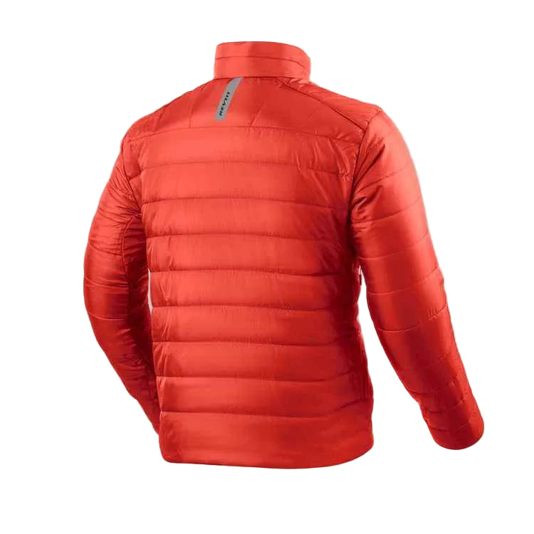 A red puffer jacket shown from the back, featuring horizontal quilting, a stand-up collar, and a small gray brand tag near the neckline, set against a light gray background.