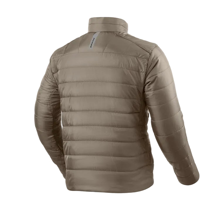 A taupe-brown puffer jacket shown from the back, featuring horizontal quilting and a high collar, set against a plain white background.