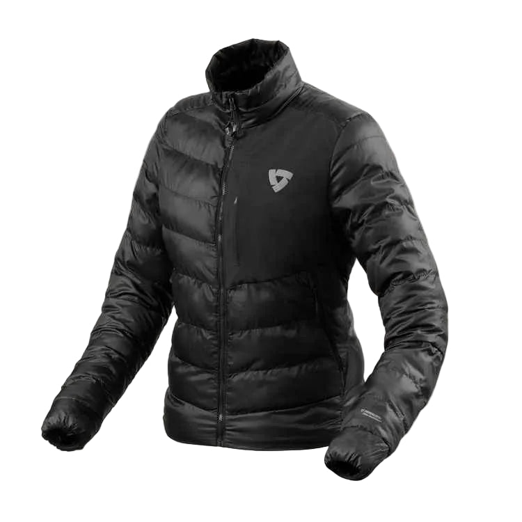 Black puffer jacket with a brand logo on a light gray background