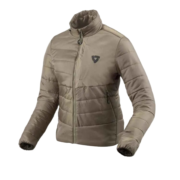 A women's quilted puffer jacket in a taupe-brown color, featuring a high stand-up collar, full zip front, and a small dark shield logo on the left chest, displayed on a light beige background.