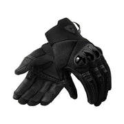 Black gloves with textured palm and finger details on a light gray background
