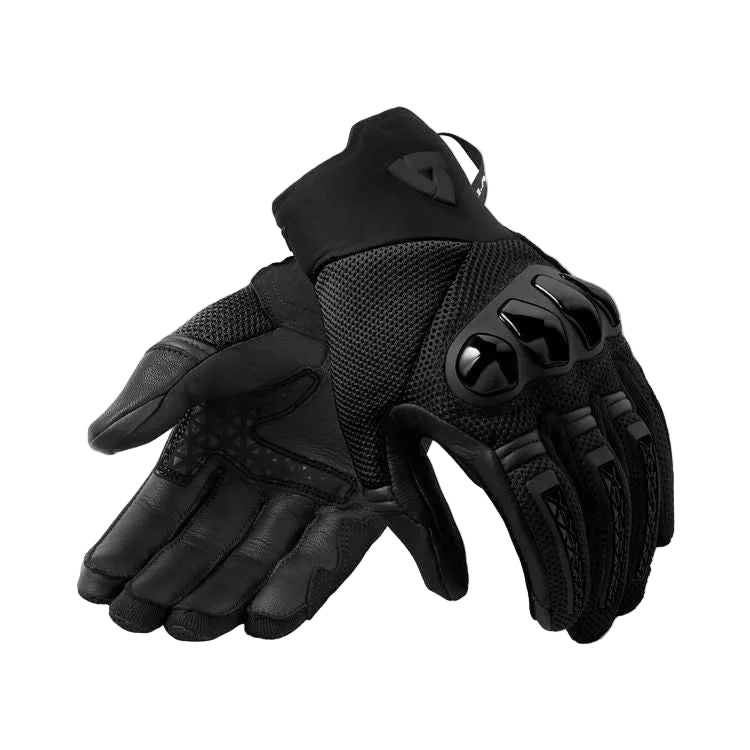 Black gloves with textured palm and finger details on a light gray background
