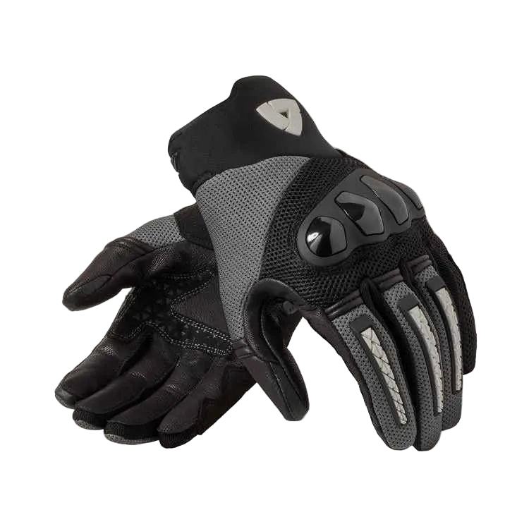 Black and gray gloves with a brand logo on a light gray background