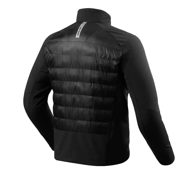 Black puffer jacket on a light gray background