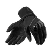 A pair of black motorcycle gloves with protective knuckle guards and textured grip panels, displayed against a light cream background.