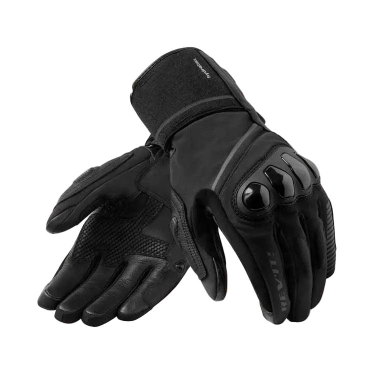 A pair of black motorcycle gloves with protective knuckle guards and textured grip panels, displayed against a light cream background.