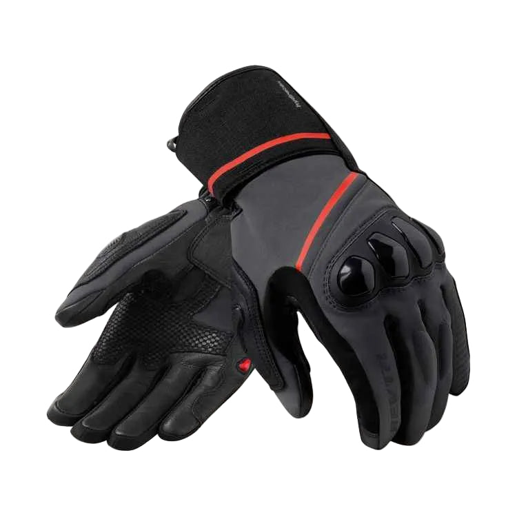 Black motorcycle gloves with red accents on a white background