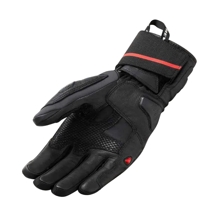 Black motorcycle glove with red accents on a light gray background