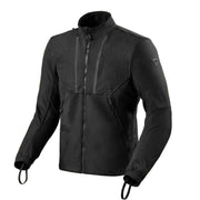 Black jacket with a brand logo on a light gray background