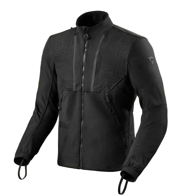 Black jacket with a brand logo on a light gray background