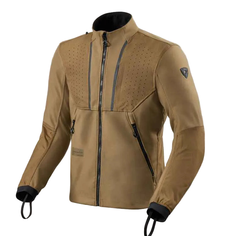A tan motorcycle jacket with black trim, a full-length front zipper, and perforated chest panels, shown on a light off-white background.