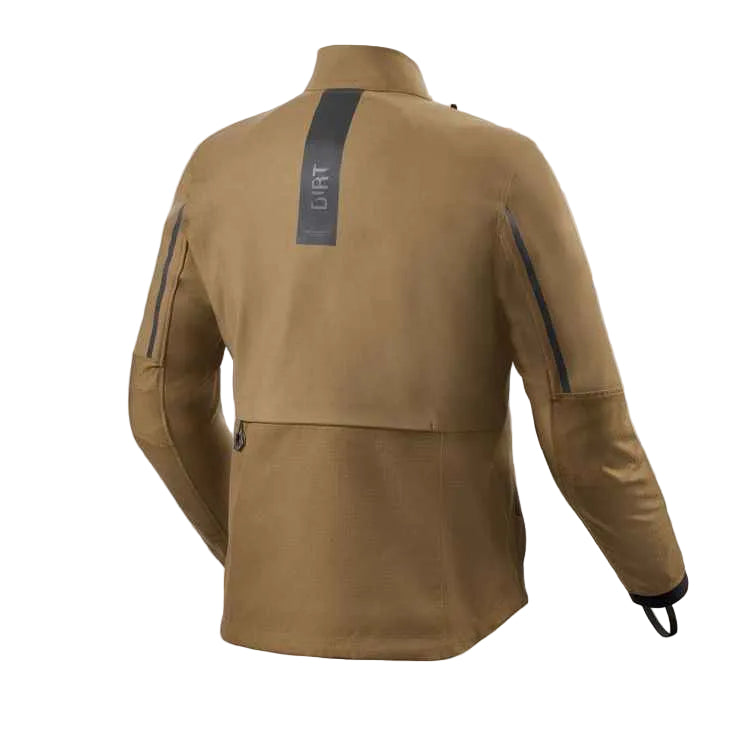 A tan technical cycling jacket shown from the back, featuring a vertical dark gray brand stripe with 'DIRT' on the upper back and dark gray zipper accents on the sleeves.