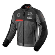 Black and gray motorcycle jacket with brand logos on a white background