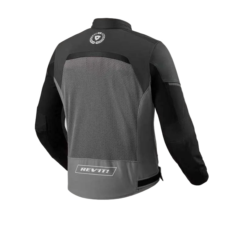 A dark gray and black long-sleeve technical jersey shown from the back, featuring a mesh back panel, a circular logo on the upper back, and a 'REVIT!' brand patch near the lower back.