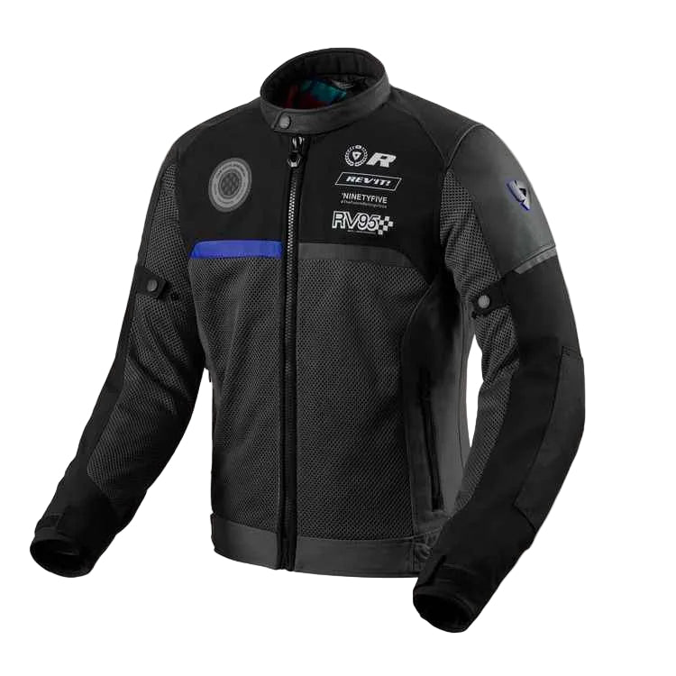 Black motorcycle jacket with brand logos on a white background