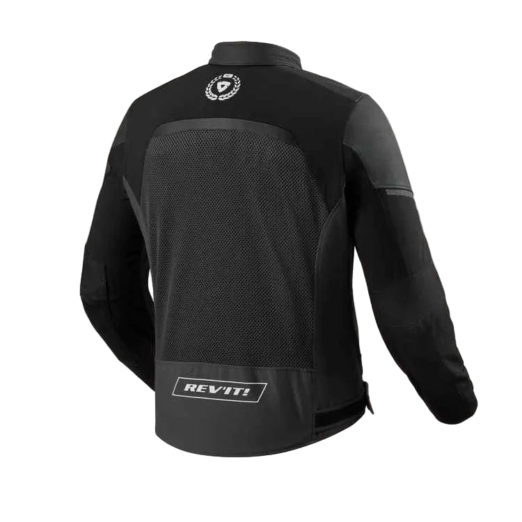 Black motorcycle jacket with REV'IT! branding on a light gray background