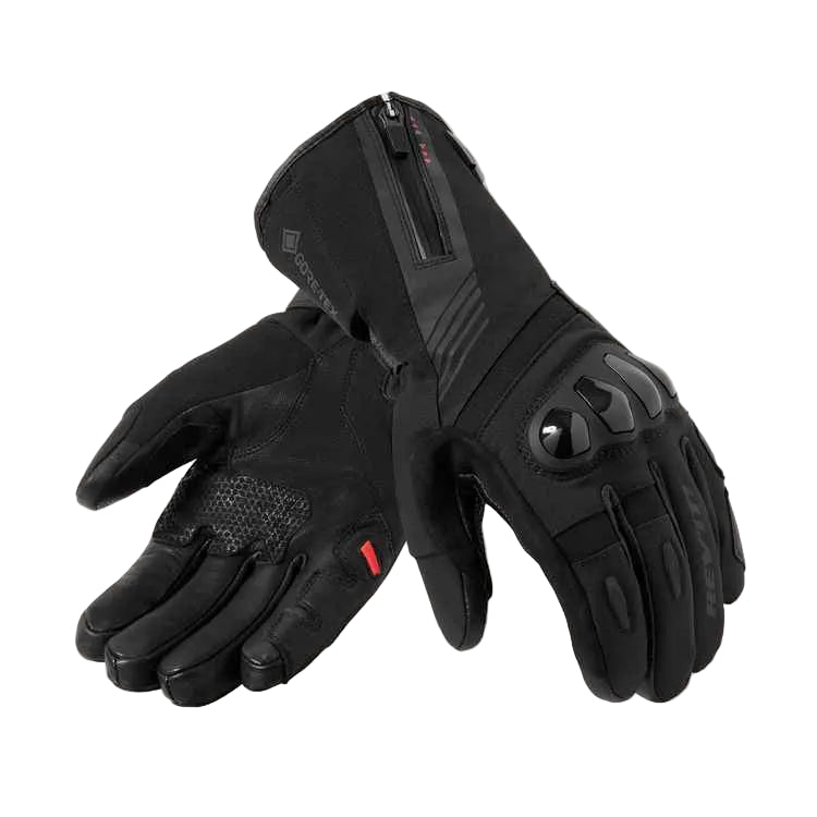 Black gloves with text on a light gray background