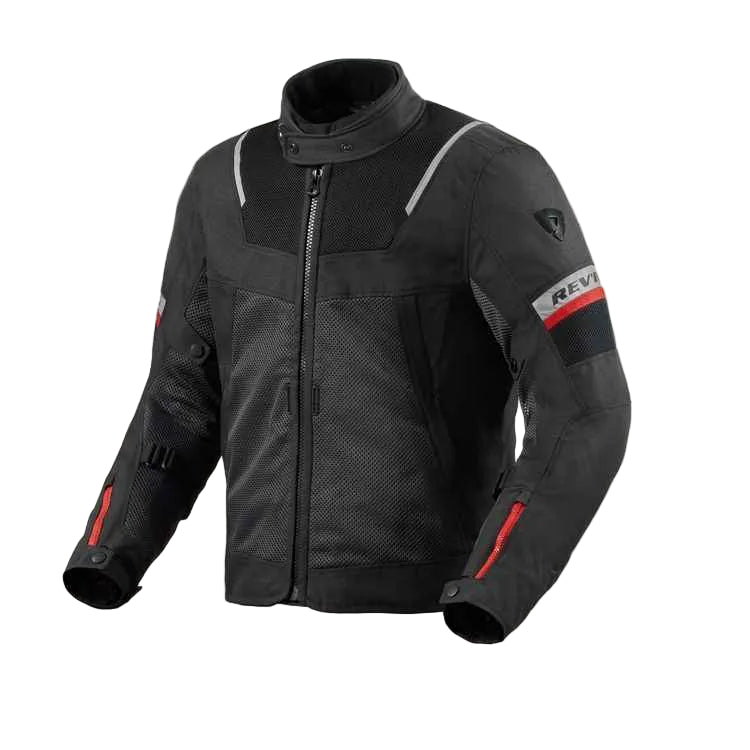 Black motorcycle jacket with red accents on a white background