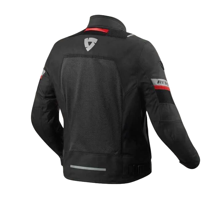 Black motorcycle jacket with visible branding on a light gray background