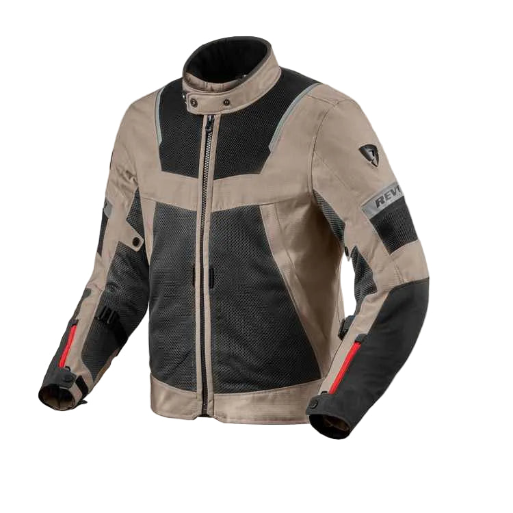 Motorcycle jacket with beige and black design on a light gray background
