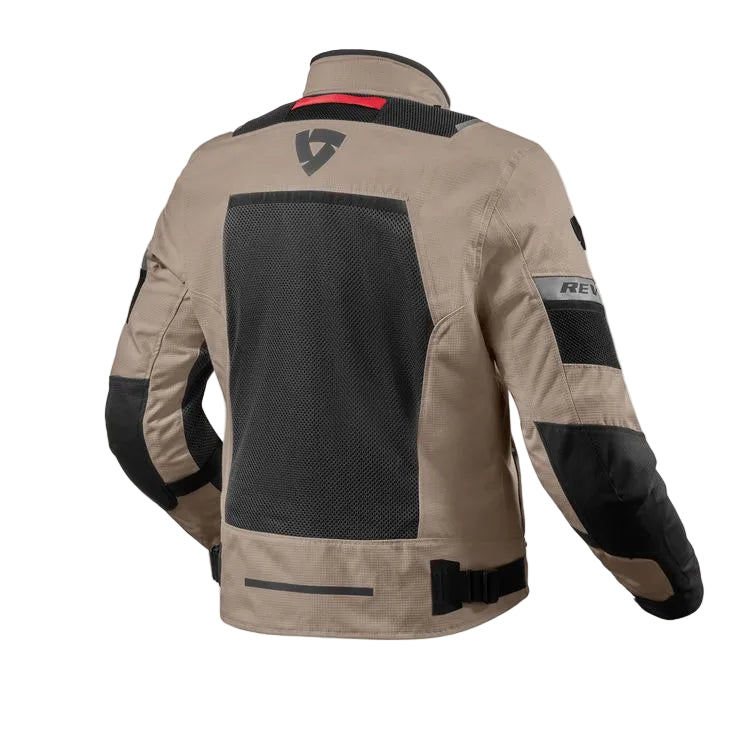 Beige and black motorcycle jacket with mesh back on a white background