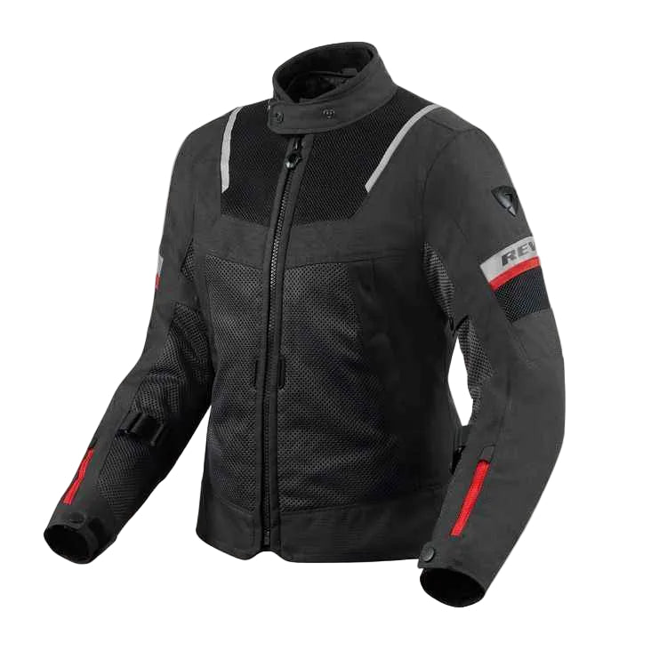 A black motorcycle jacket with gray mesh panels, white reflective stripes, and red accents on the sleeves, shown against a light beige background.
