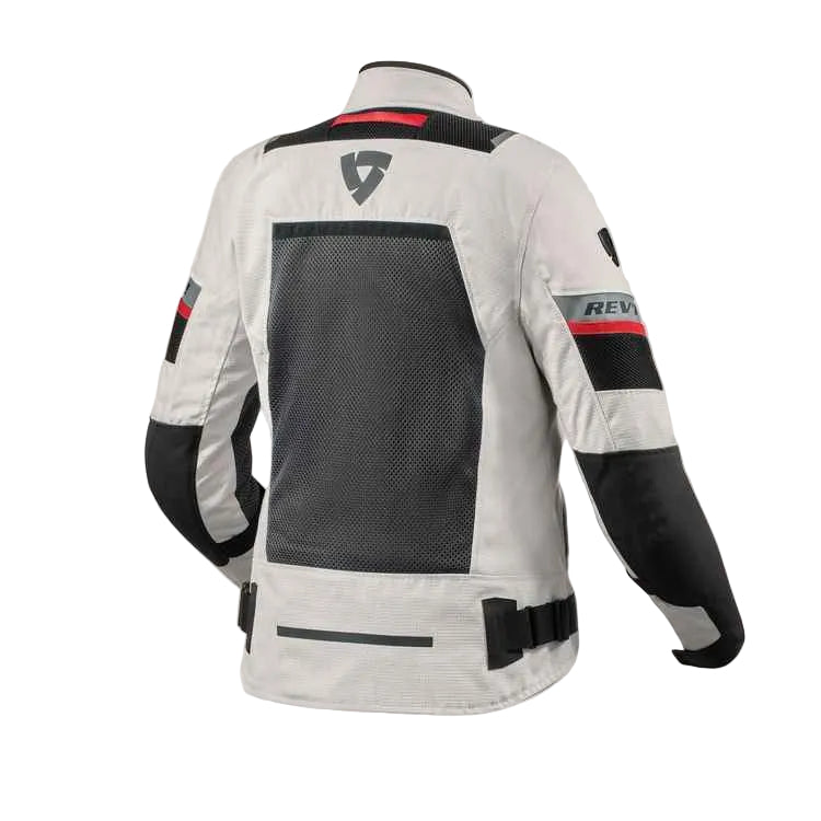 Rimac motorcycle jacket shown from the back, featuring a white and black design with a large black mesh back panel, a black shield logo, and red accent stripes.