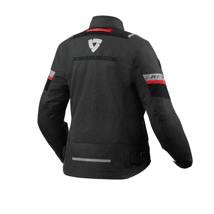 Black motorcycle jacket with visible branding on a light gray background