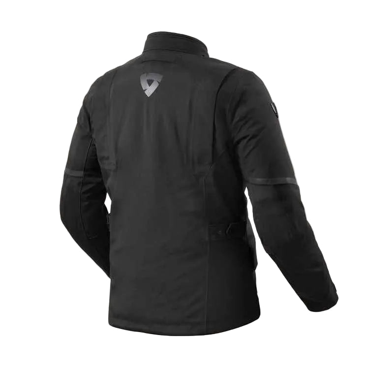 Black motorcycle jacket shown from the back, featuring a subtle gray shield logo on the upper back and reflective gray striping on the sleeves, set against a light off-white background.
