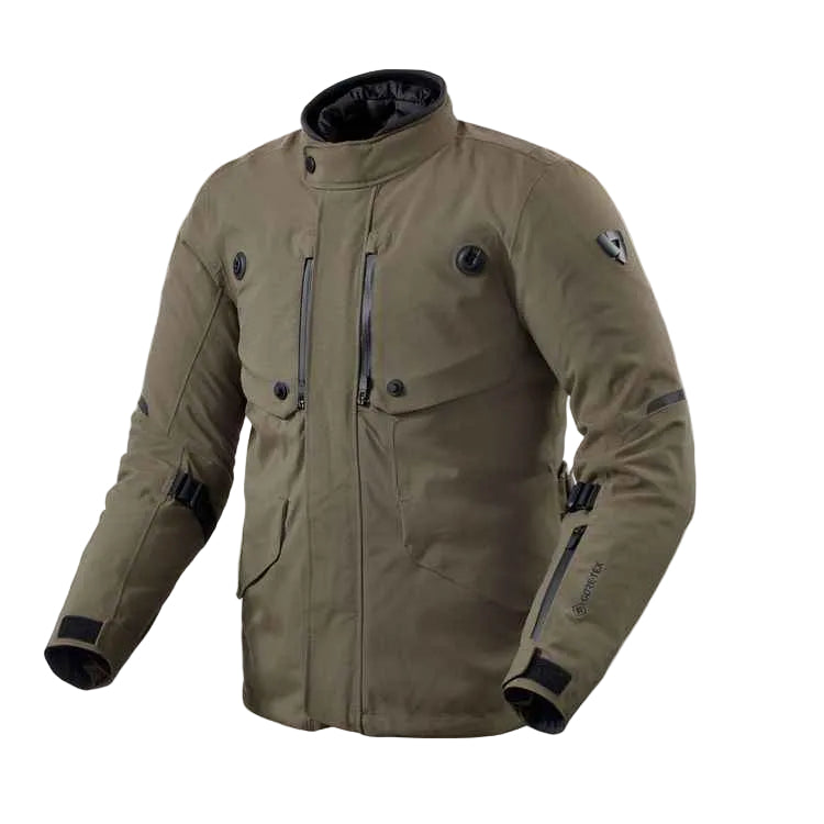 Brown jacket with black accents on a light gray background