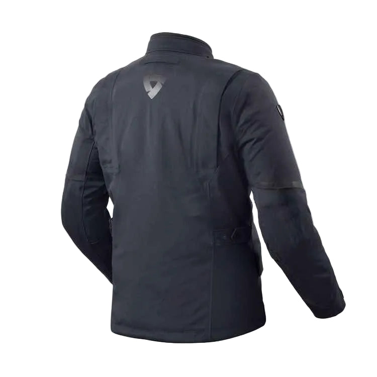 A black motorcycle jacket shown from the back, featuring a subtle reflective shield logo on the upper back, set against a light off-white background.