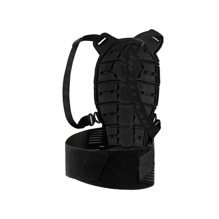 Black strap on back protector on a light white background