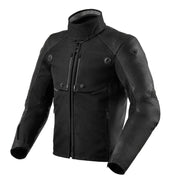 A black leather motorcycle jacket with a high stand-up collar, front zipper, and snap-button details on the chest, shown on a light beige background.