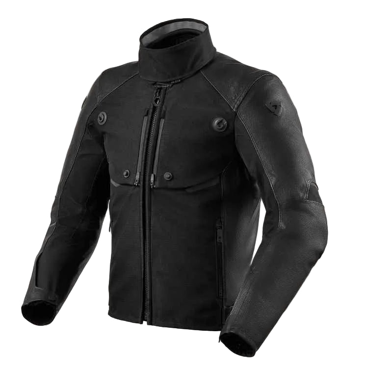 A black leather motorcycle jacket with a high stand-up collar, front zipper, and snap-button details on the chest, shown on a light beige background.