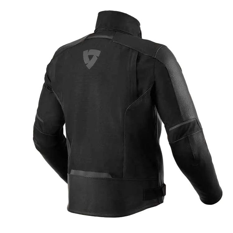 Black motorcycle jacket with a brand logo on the back against a white background