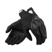 Black motorcycle gloves with textured palm on a white background