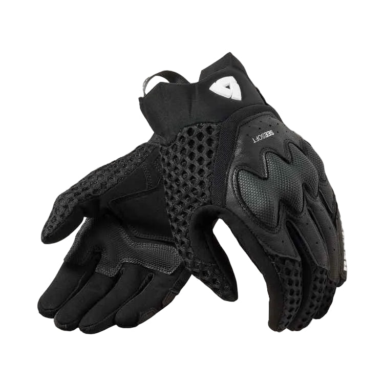 Black motorcycle gloves with textured palm on a white background
