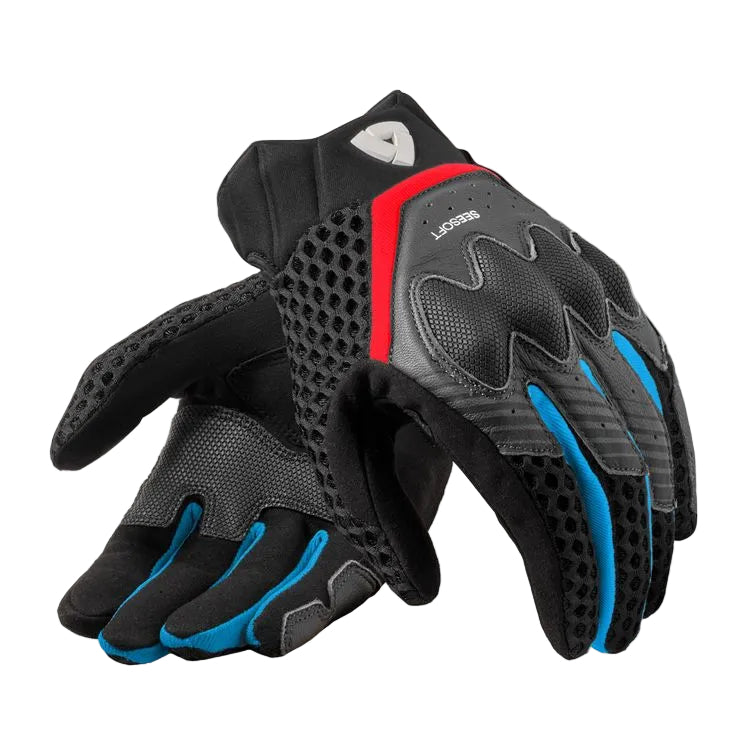 Pair of black, blue, and red gloves on a white background