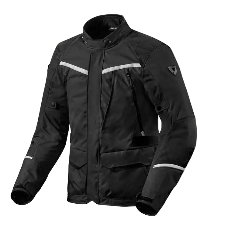 Black motorcycle jacket with reflective stripes on a light gray background
