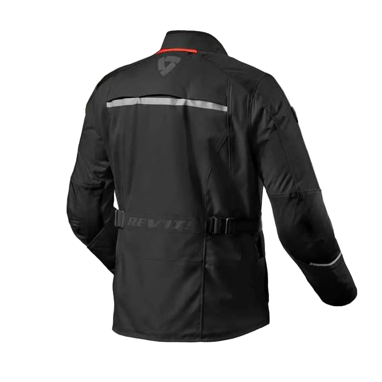 Black motorcycle jacket with reflective stripes on a white background, featuring the Rev'it! brand.
