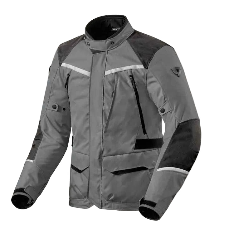 A gray and black motorcycle jacket with reflective silver stripes, shown on a light beige background.