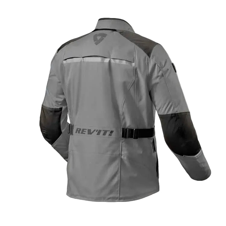 Gray motorcycle jacket with black sleeves and REV'IT! branding on a white background