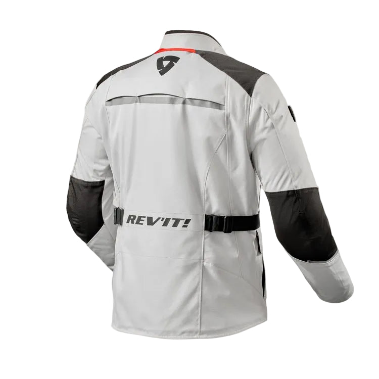 Gray motorcycle jacket with black sleeves and REV'IT! branding on a white background