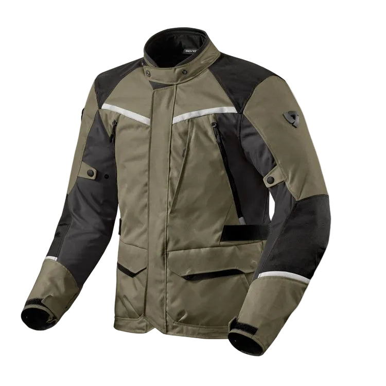 Motorcycle jacket with green and black color scheme on a white background