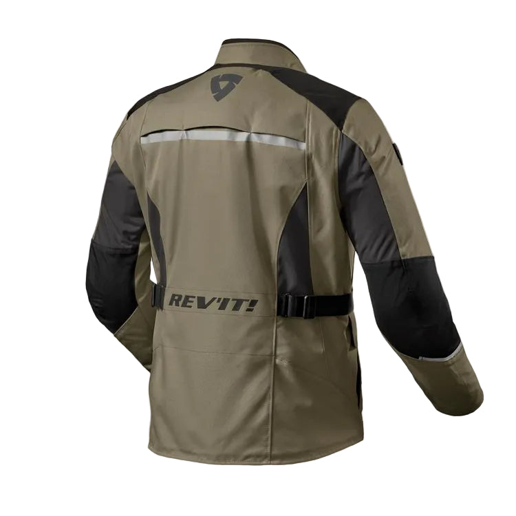 Brown and black motorcycle jacket with 'REV'IT!' branding on a white background