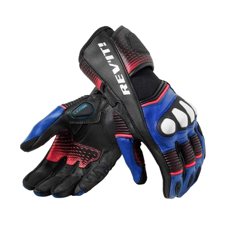 A pair of black leather motorcycle gloves with blue and red accents, featuring the brand name 'REV'IT!' in white on the back of one glove, displayed against a light beige background.