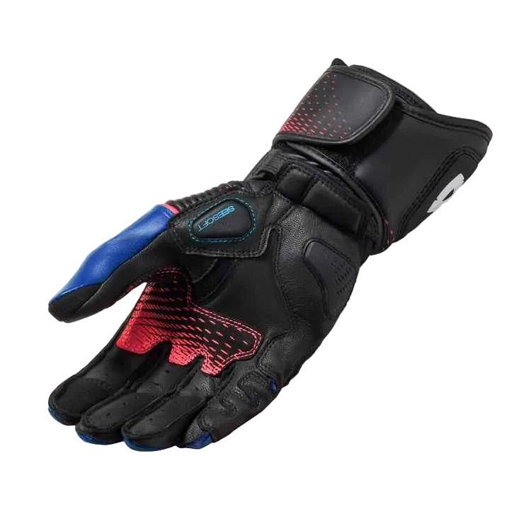 Black motorcycle glove with blue and red accents on a white background
