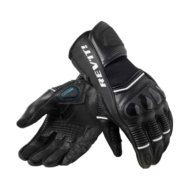 Black motorcycle gloves with 'REV'IT' branding on a white background